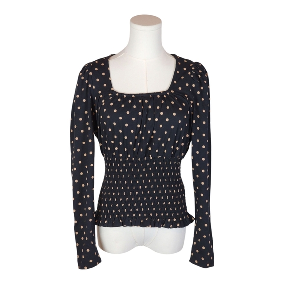 Whistles Black Polka Dot Smocked Waist Long Sleeve Cotton Top Size S - Picture 1 of 8